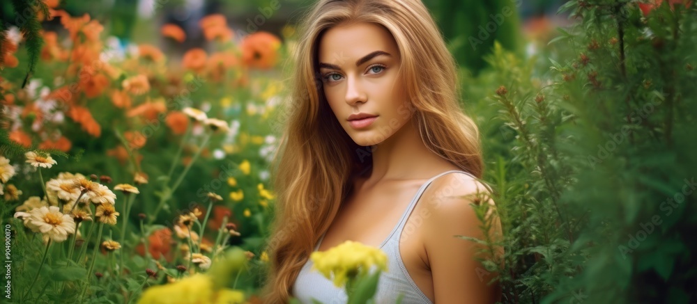 Blond Woman Posing in a Field of Flowers Blond Woman Posing in a Field of Flowers