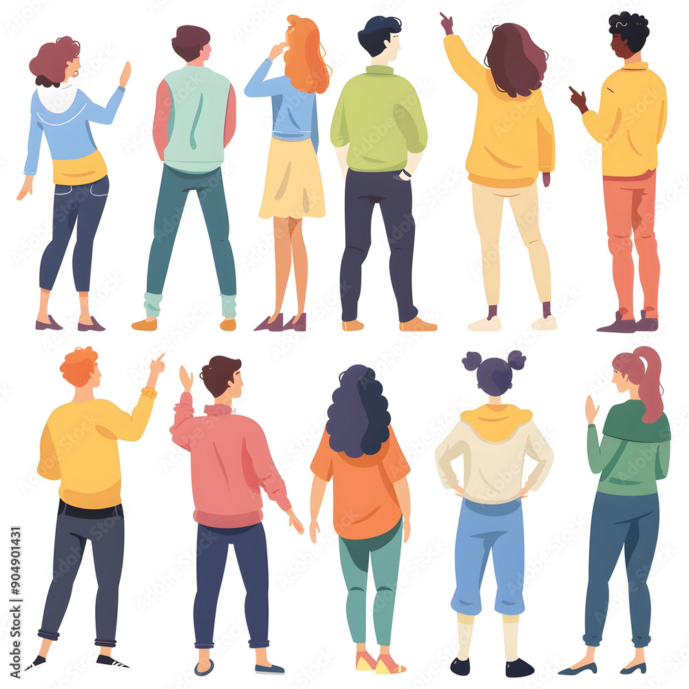 Obraz premium Vector illustration of a group of young people. Men and women in different clothes.