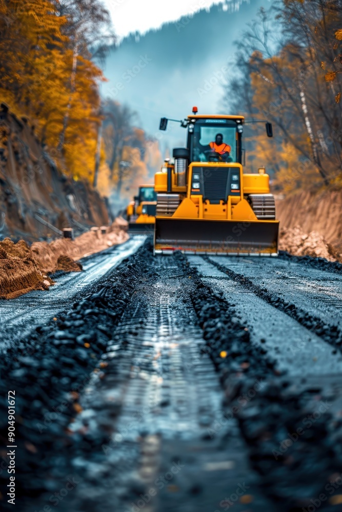 Heavy Machinery Paving a Road in Autumn Forest with Vibrant Foliage and Misty Background Heavy Machinery Paving a Road in Autumn Forest with Vibrant Foliage and Misty Background