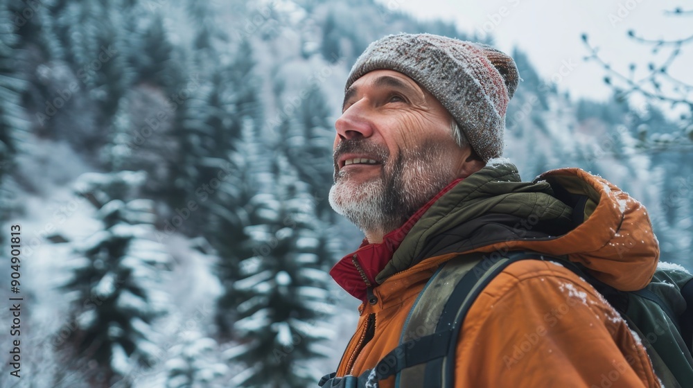 Joyful mature man in winter wilderness  happy adult amidst mountain and forest scenery