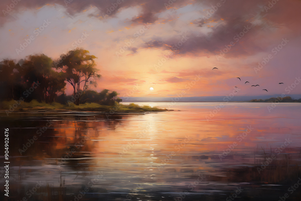 Obraz premium Beautiful landscape with forest and river at sunset. Oil painting.