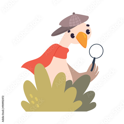 Goose Animal Detective Character with Magnifier Investigating and Search for Evidence Vector Illustration