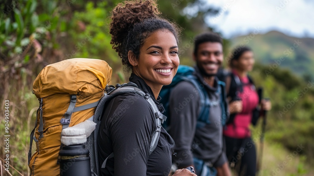 Fototapeta premium Hikers with backpacks smiling on a trail