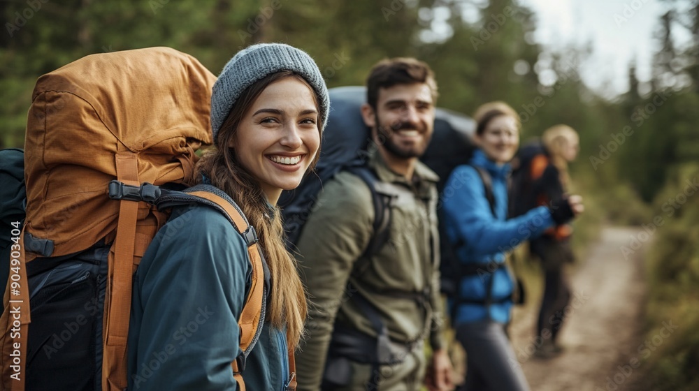 Hikers with backpacks smiling on a trail Hikers with backpacks smiling on a trail