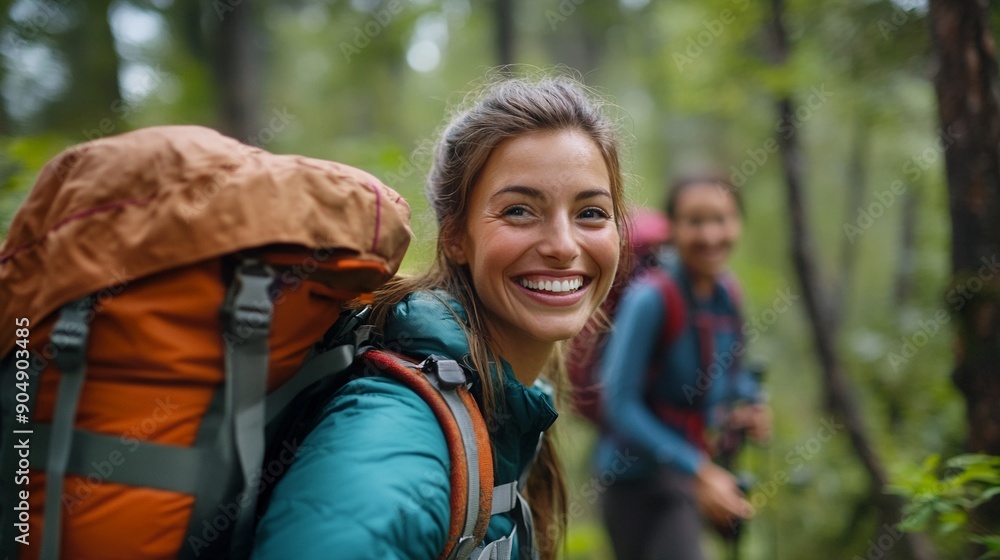 Hikers with happy expressions in the forest Hikers with happy expressions in the forest