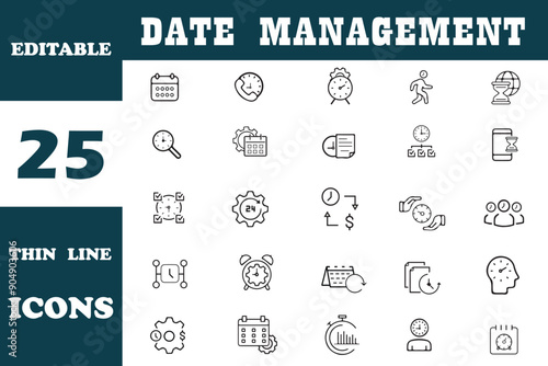 Date Management Thin Line Editable Icons set. Time and Date management related icons: calendar, planning, schedule, time, clock and more. in line icons. Editable stroke. Vector illustration