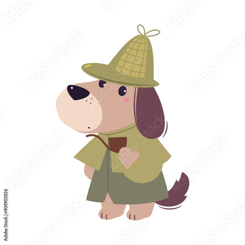 Dog Animal Detective Character with Smoking Pipe Investigating and Search for Evidence Vector Illustration