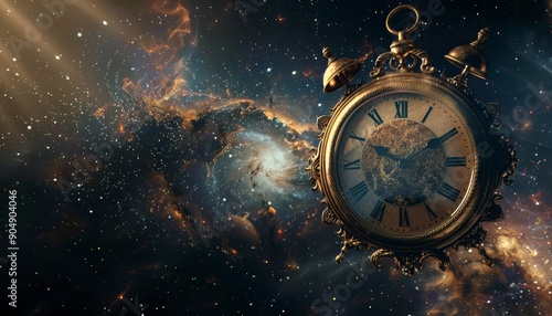 Time concept  clock floating in space, artistic photography shot for futuristic interpretation