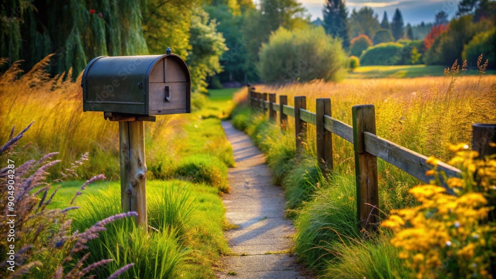 In a quiet outdoor setting, an old country mailbox on a wooden post beside a walkway surrounded by dark green and yellow grass and bushes, adding a rustic charm In a quiet outdoor setting, an old country mailbox on a wooden post beside a walkway surrounded by dark green and yellow grass and bushes, adding a rustic charm