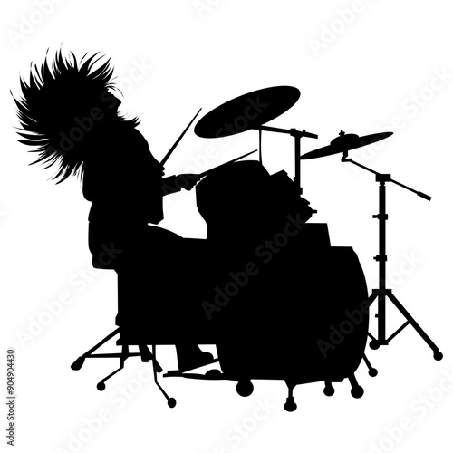Silhouette image of a long-haired rocker drummer on a transparent background. Perfect for stickers, tattoos, icons, logos, advertising