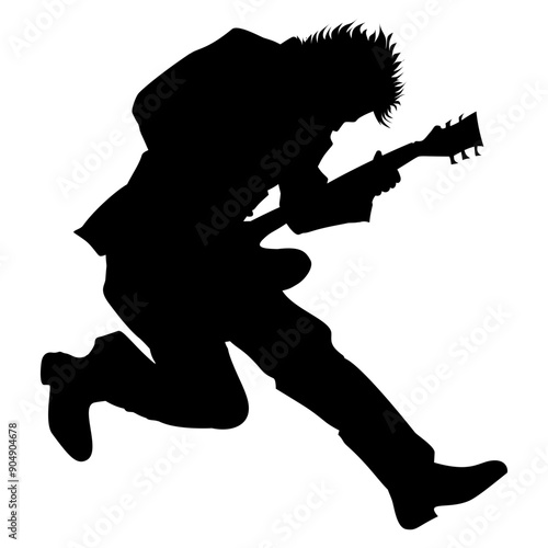 Silhouette image of an electric guitar player on a transparent background, suitable for tattoos, logos, icons, stickers, advertising