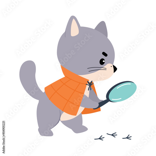 Cat Animal Detective Character with Magnifier Investigating and Search for Evidence Vector Illustration