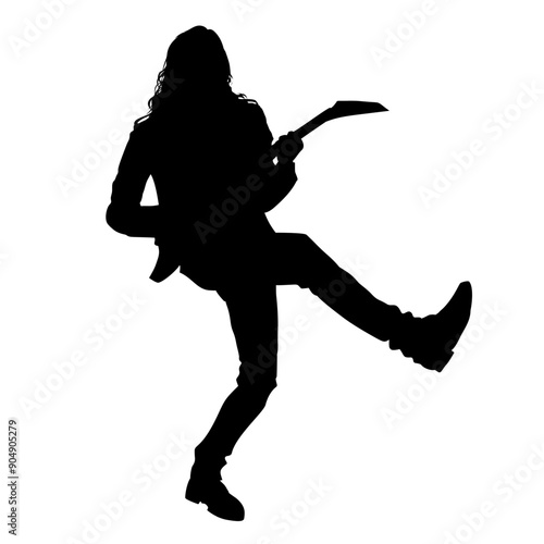 Silhouette image of an electric guitar player with long hair on a transparent background, suitable for tattoos, logos, icons, stickers, advertising