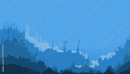 Image of a view of the ocean floor or under the sea in blue. Suitable for wallpaper, magazines, backgrounds, banners, posters and advertisements