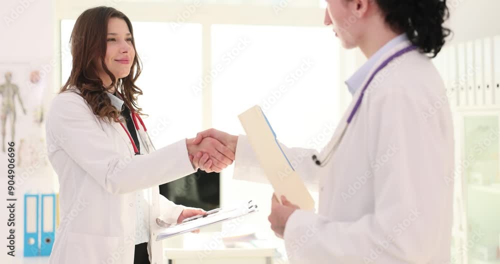 Two doctors in white coats shaking hands Two doctors in white coats shaking hands