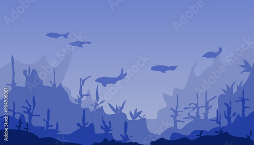 Image of a view of the ocean floor or under the sea in blue. Suitable for wallpaper, magazines, backgrounds, banners, posters and advertisements