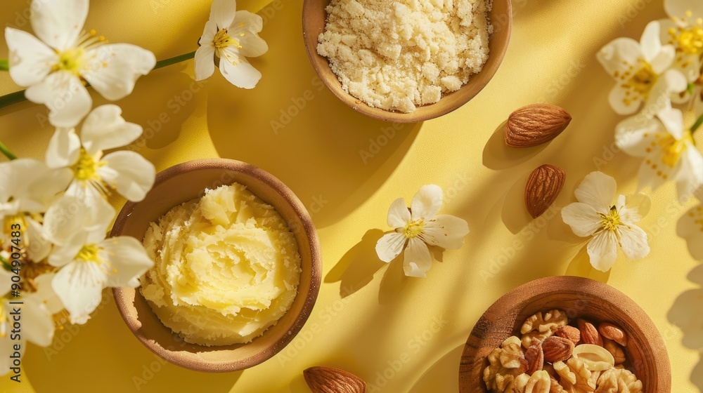 Shea butter and nut filled bowls on a bright backdrop Shea butter and nut filled bowls on a bright backdrop