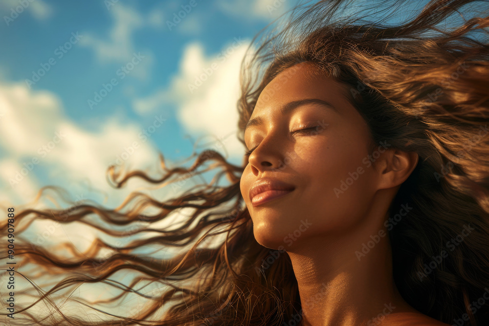 Young Indian woman with long curly hair enjoying the morning sunlight in the outdoor Young Indian woman with long curly hair enjoying the morning sunlight in the outdoor