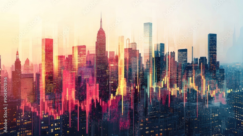 Fototapeta premium Double exposure of rising finance graph with urban skyline, emphasizing economic progress.