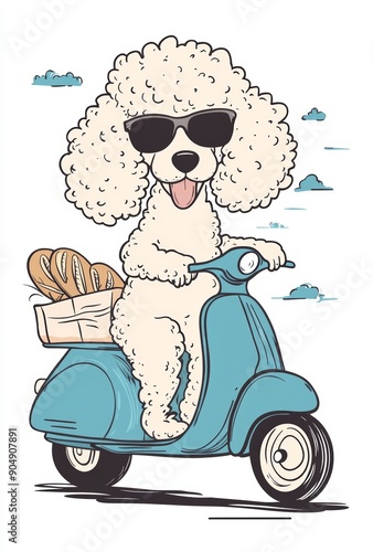 A simple t shirt design of a cartoon french poodle, wearing sunglasses and holding a french baguette while riding on a blue scooter in a white background. The illustration is done using thick black