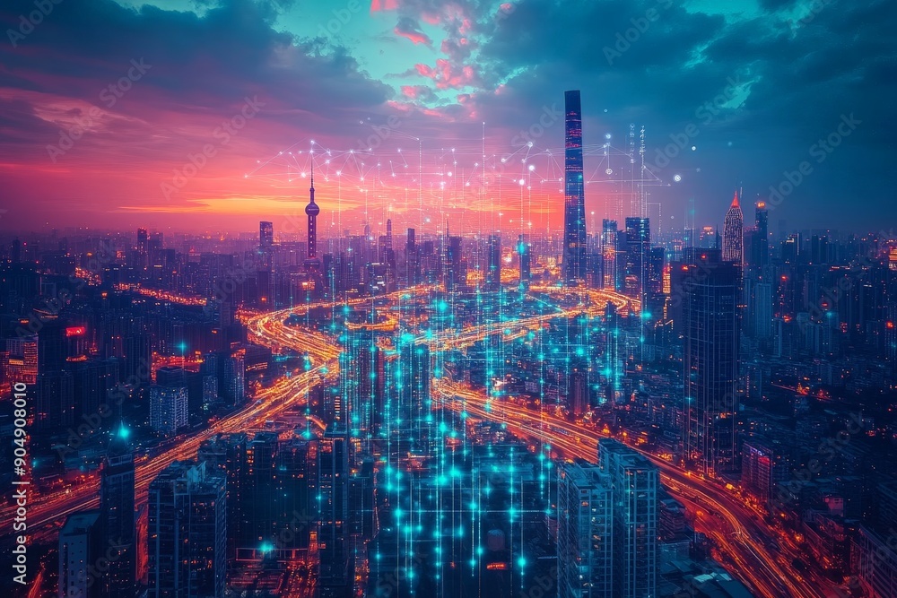 Fototapeta premium Mesmerizing Future of Urban Connectivity and Digital Networks at Dusk