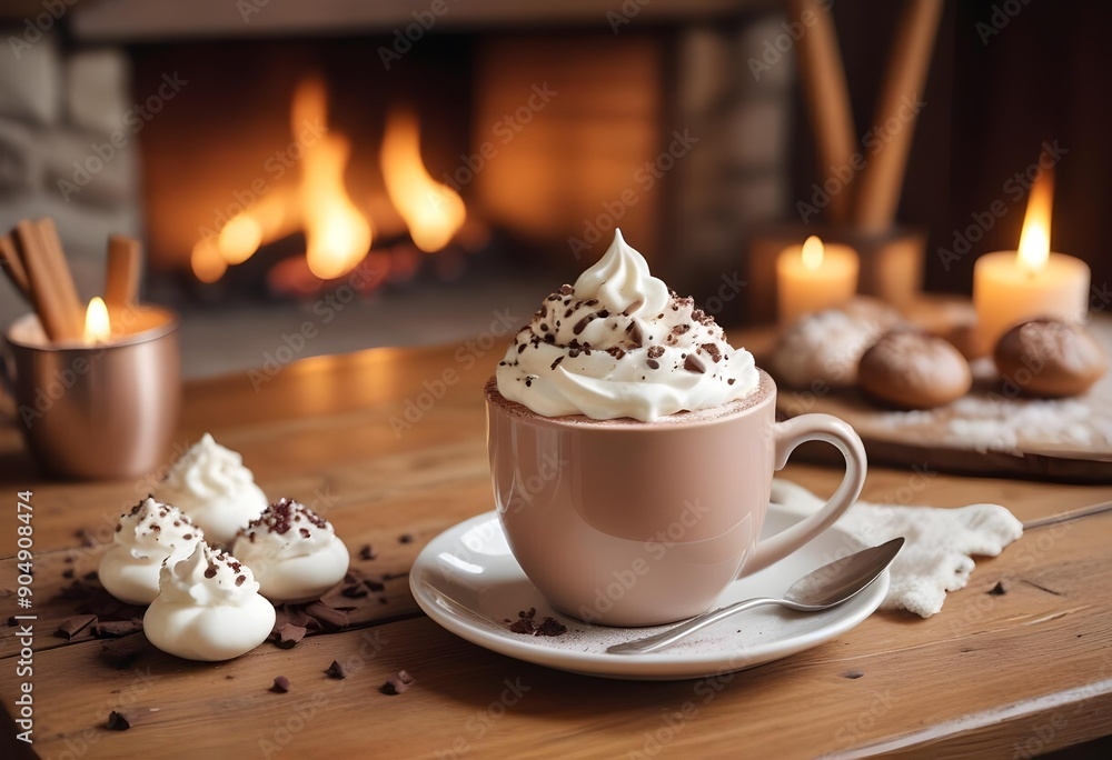 custom made wallpaper toronto digital Hot chocolate with whipped cream and chocolate pieces on a wooden table, with a fireplace in the background.

