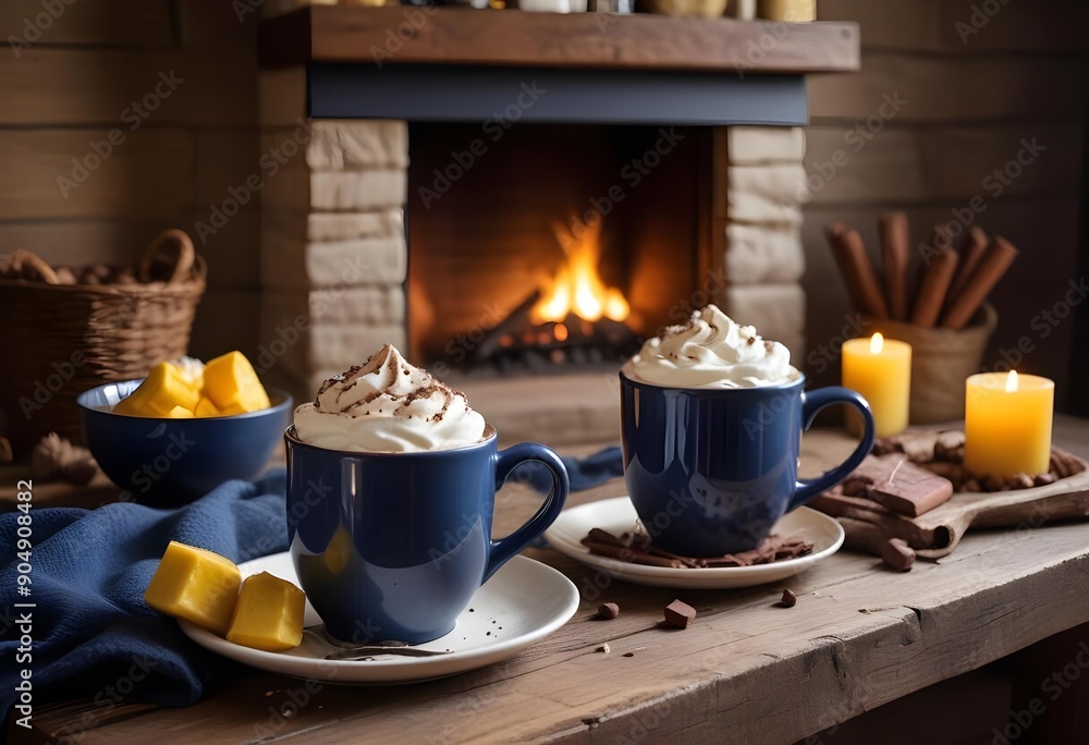 Hot mugs of chocolate with whipped cream and chocolate pieces, placed on a wooden table with a fireplace in the background. Hot mugs of chocolate with whipped cream and chocolate pieces, placed on a wooden table with a fireplace in the background.