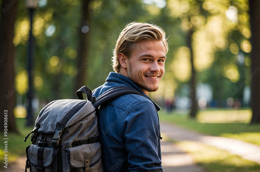A handsome 24 year old Swedish man walks in the park with his backpack, he smiles looking behind him A handsome 24 year old Swedish man walks in the park with his backpack, he smiles looking behind him