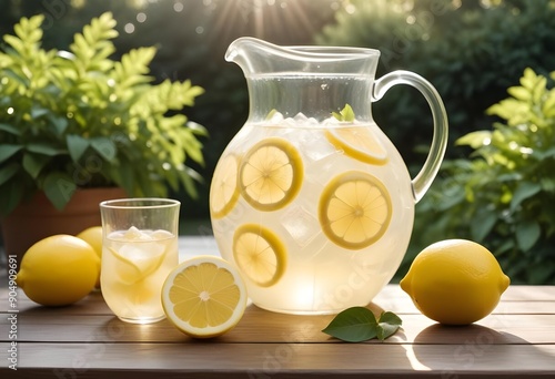 Refreshing drink with ice cubes and citrus fruits in a pitcher, served on a table on a sunny day on a terrace.