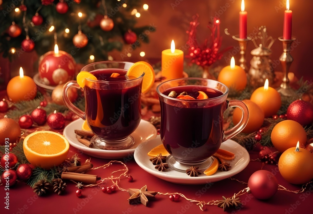 Fototapeta premium Mulled red wine on a winter backdrop, decorated with festive holiday ornaments.
