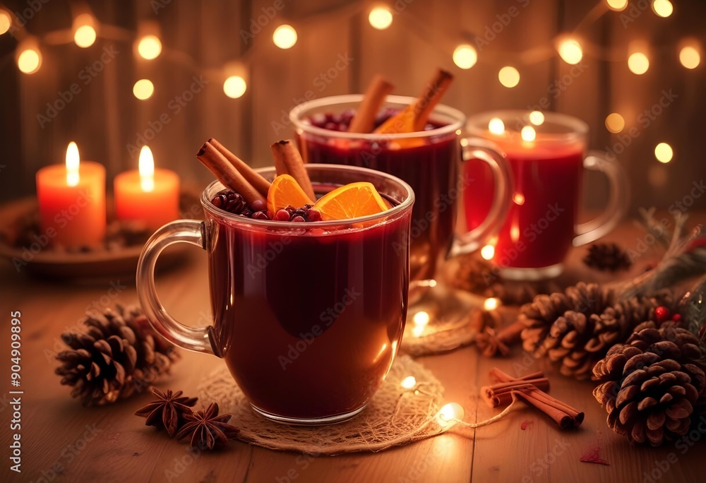 Mulled red wine on a winter backdrop, decorated with festive holiday ornaments. Mulled red wine on a winter backdrop, decorated with festive holiday ornaments.