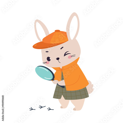 Bunny Animal Detective Character with Magnifier Investigating and Search for Evidence Vector Illustration