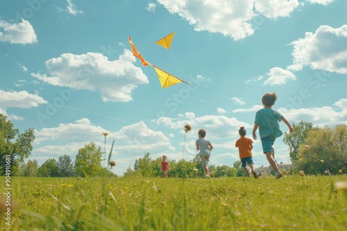 Diverse kids joyfully flying kite in sunny park  outdoor fun and friendship in spring meadow photo