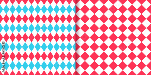 Circus seamless patterns set. Harlequin lozenge backgrounds. Red and blue rhombus plaid prints. Checkered diamond textures. Modern argyle geometric backdrops. Vector illustration.