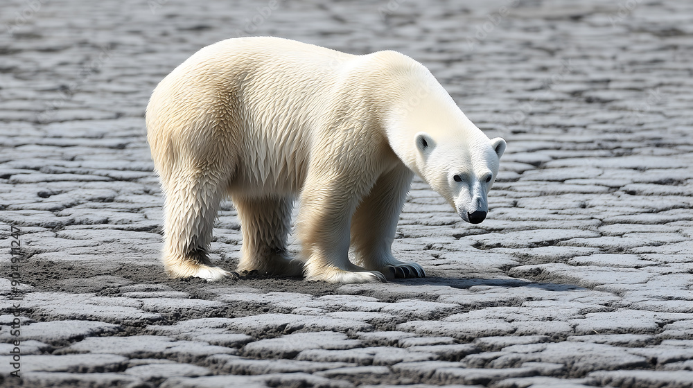 A polar bear stand across a cracked drought land, dry earth searching for water A polar bear stand across a cracked drought land, dry earth searching for water