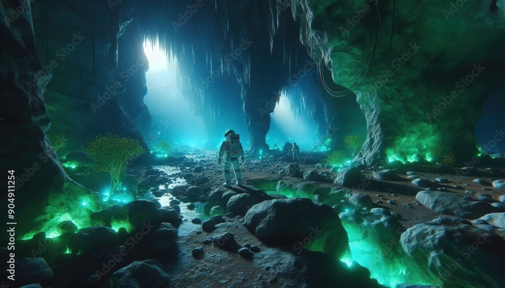 Obraz premium Astronauts explore bioluminescent cave