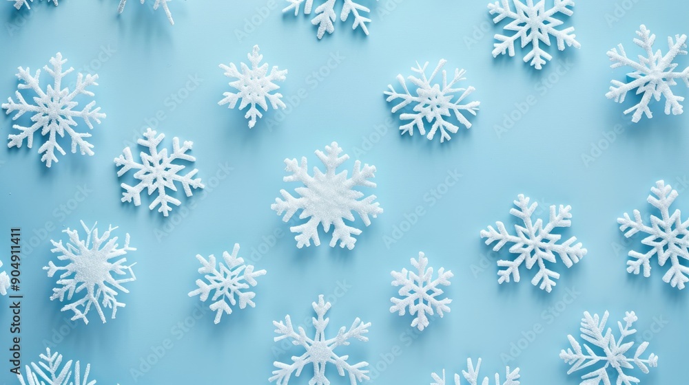Winter themed square flat lay mockup with snowflake pattern on pastel blue background for invitation card design Winter themed square flat lay mockup with snowflake pattern on pastel blue background for invitation card design