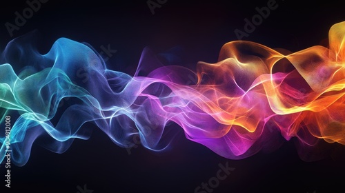 Multi-colored 3D waveforms on a dark background, evoking energy and motion.