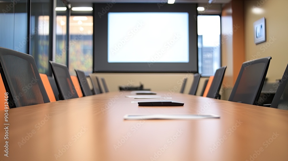 custom made wallpaper toronto digitalNeat conference room setup with a long table and projector, highlighting a corporate environment.