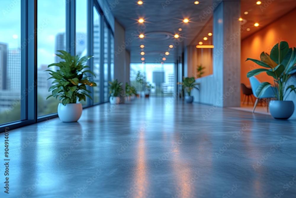 Defocus a long hallway with lots of potted plants and a few chairs in a modern business center Defocus a long hallway with lots of potted plants and a few chairs in a modern business center