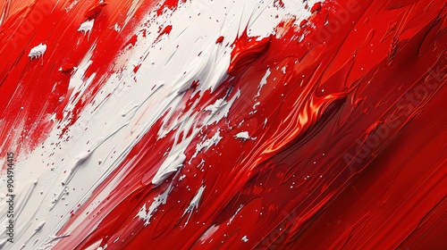 Abstract Red and White Acrylic Paint Texture: A close-up, abstract view of vibrant red and white acrylic paint, boldly applied to a canvas photo