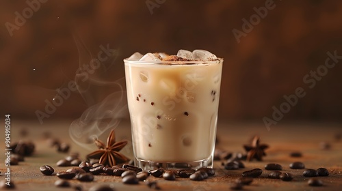 Glass of iced latte with star anise and coffee beans on brown background