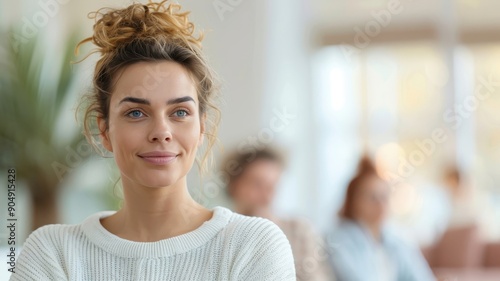 A melancholic woman sharing her feelings in a support group, with compassionate people and soft lighting.