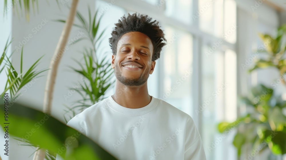 A smiling man practicing mindfulness exercises in his airy and bright flat, promoting relaxation. A smiling man practicing mindfulness exercises in his airy and bright flat, promoting relaxation.