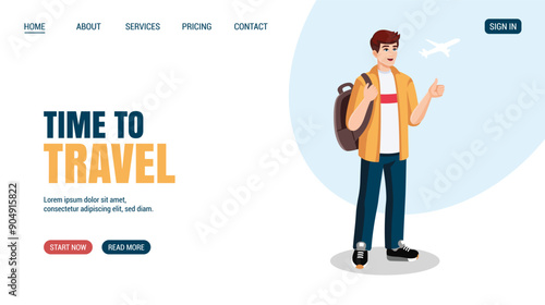 Young man with backpack showing thumbs up at the airport before flight. Flat design, cartoon style. Vector illustration. Travelling concept website, web page.