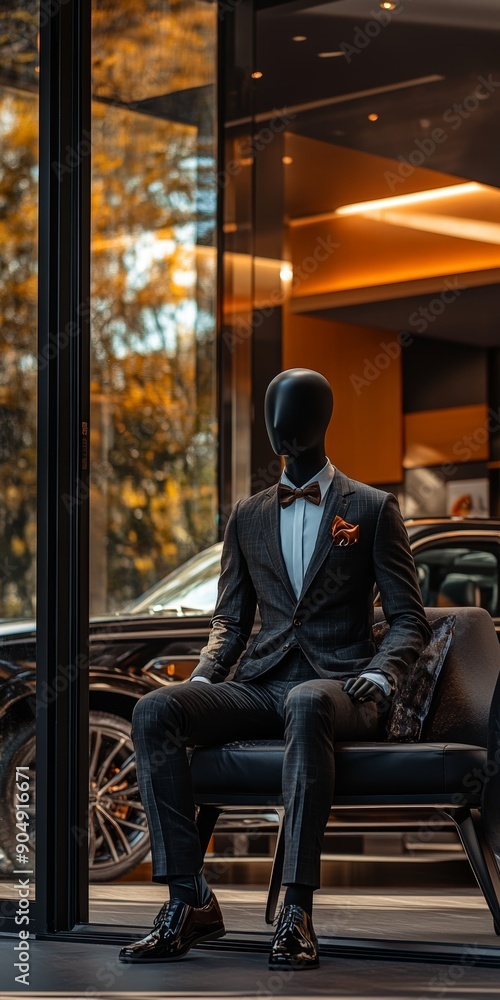 Fototapeta premium Elegant mannequin in suits sitting at the entrance of a luxurious house, wearing very elegant suits with modern decoration and luxury 4x4 cars around.