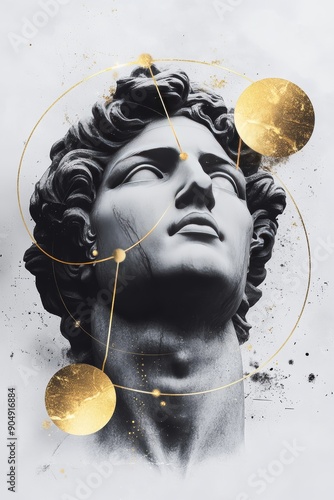 minimal and dynamic illustration with a color scheme of black, white, gold; using halftone style and risograph as the art medium; inspired by geometric patterns and zodiac signs; focus is portrait
