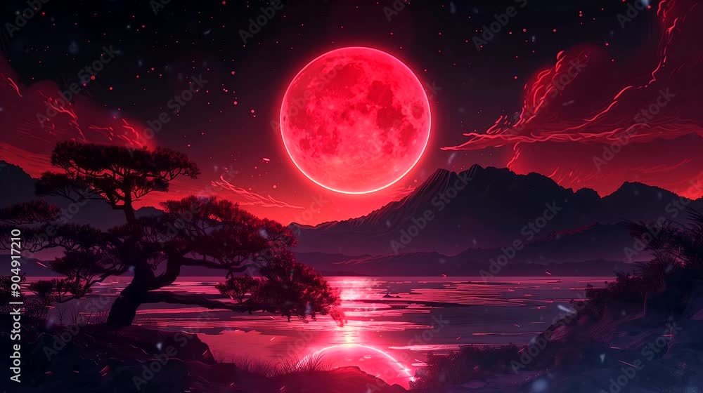 Under the watchful gaze of a red moon, the landscape of lake and mountain. Fantasy landscape, looping 4k video animation background Under the watchful gaze of a red moon, the landscape of lake and mountain. Fantasy landscape, looping 4k video animation background