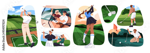 People play golf set. Professional golfers training on field. Players swing, putt, drive by cart. Sport club. Golfball and hole on lawn. Flat isolated vector illustrations on white background