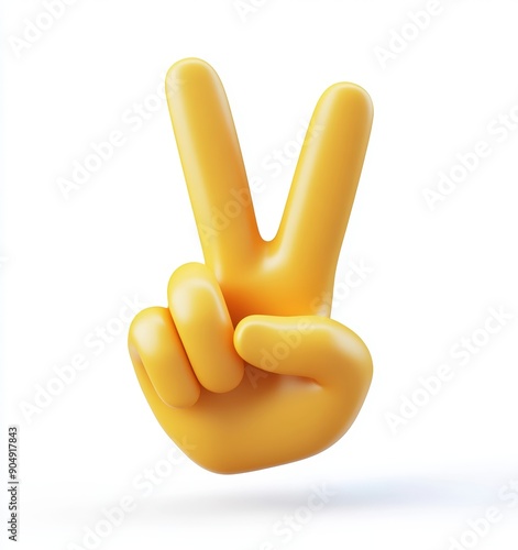 3d emoji of yellow hand making peace sign, white background, grey sleeve